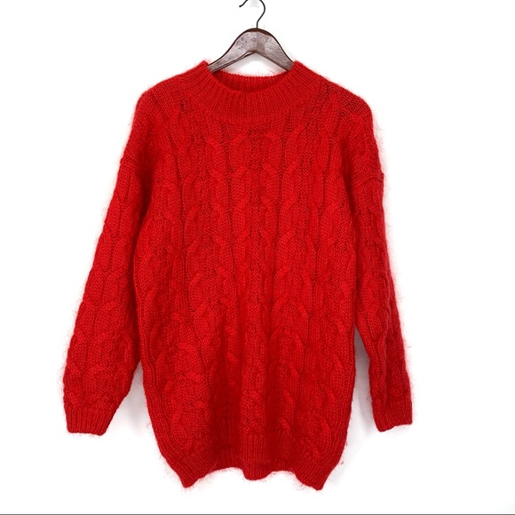 Rare Vintage Oversized Tarazzia Mohair Blend Cable Knit Sweater Solid Red - Picture 1 of 12